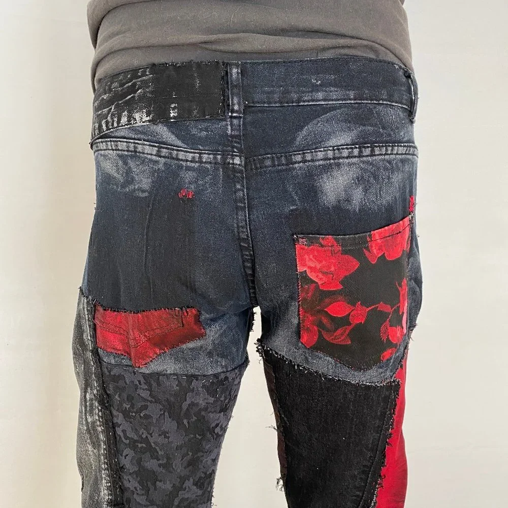 Acid Washed Black & Grey jeans with Metallic silver and CRIMSON Rose Tie Dye - Picture 3 of 17